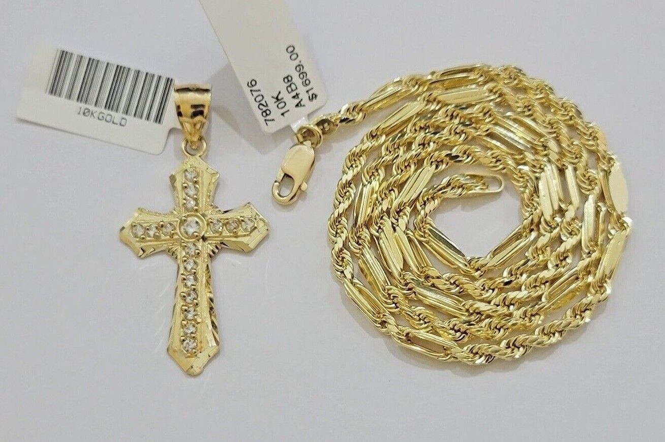 10kt Gold Milano Rope Chain Jesus Cross Charm Pendant Set 18 - 24'' Inch Necklace - GoldenlinQ